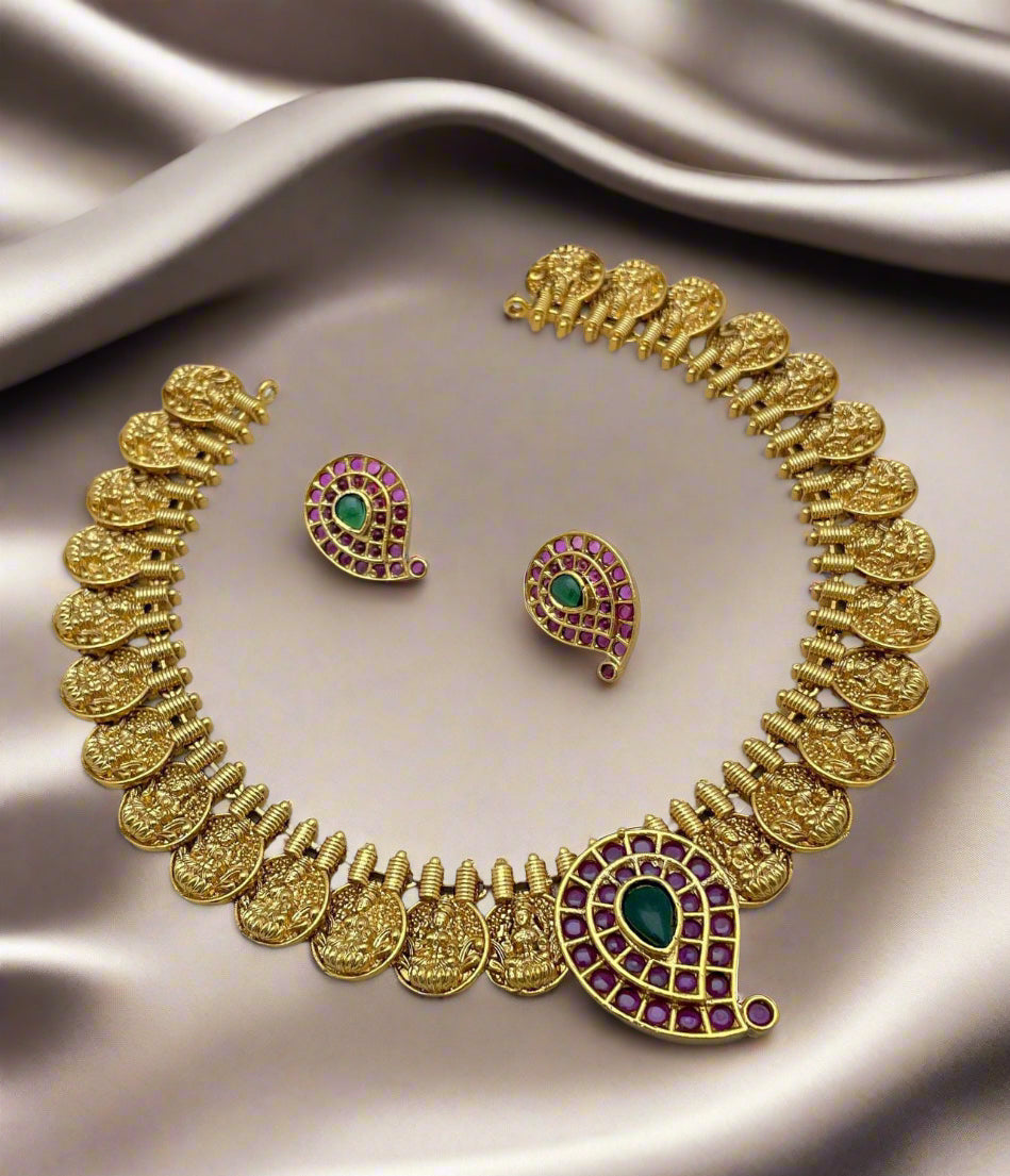 Premium Lakshmi Coin Temple Mango Design Necklace