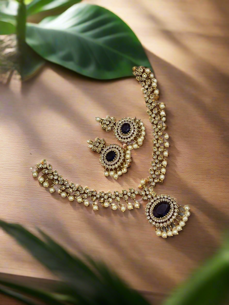 Premium rice pearls diamond finish necklace set