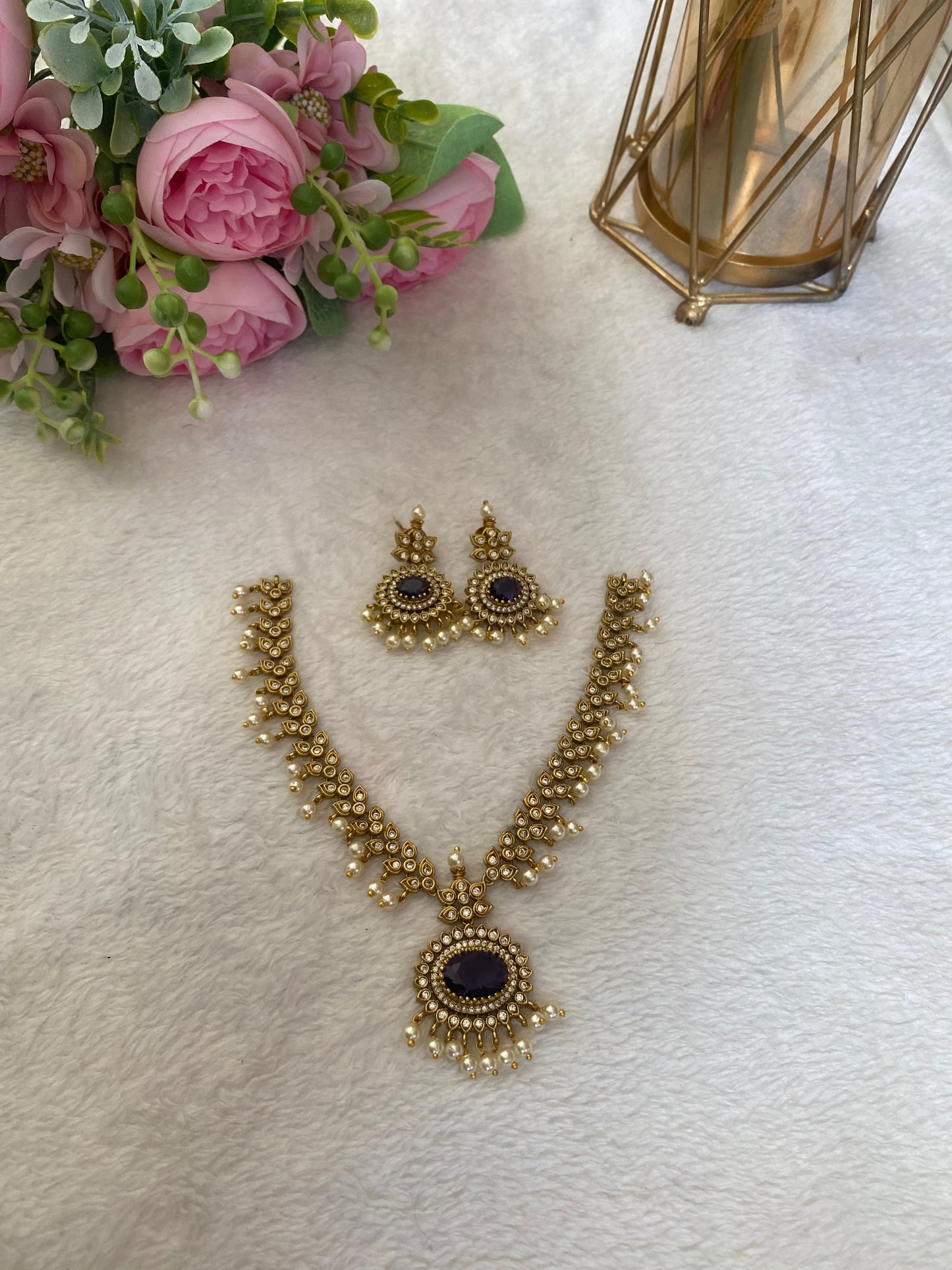 Premium rice pearls diamond finish necklace set
