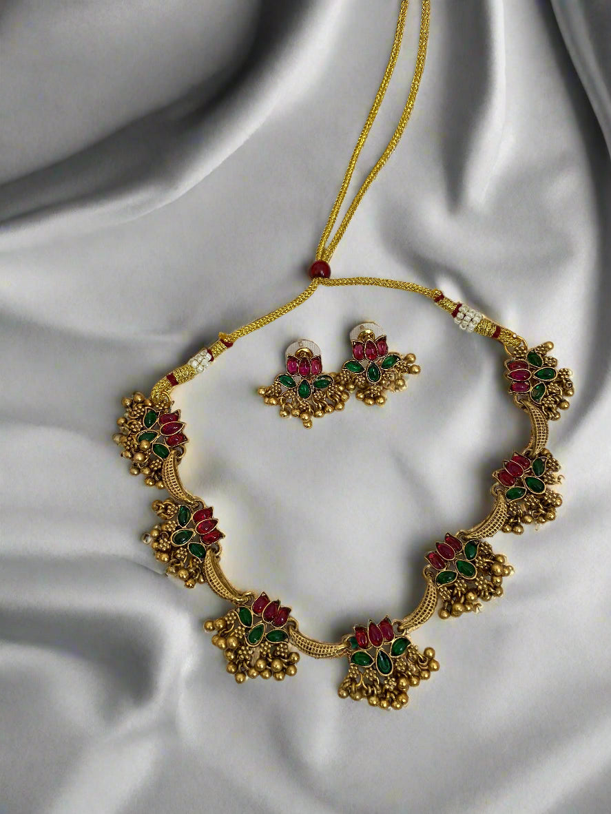 Exquisite Green & Red Lotus Jhumki Necklace