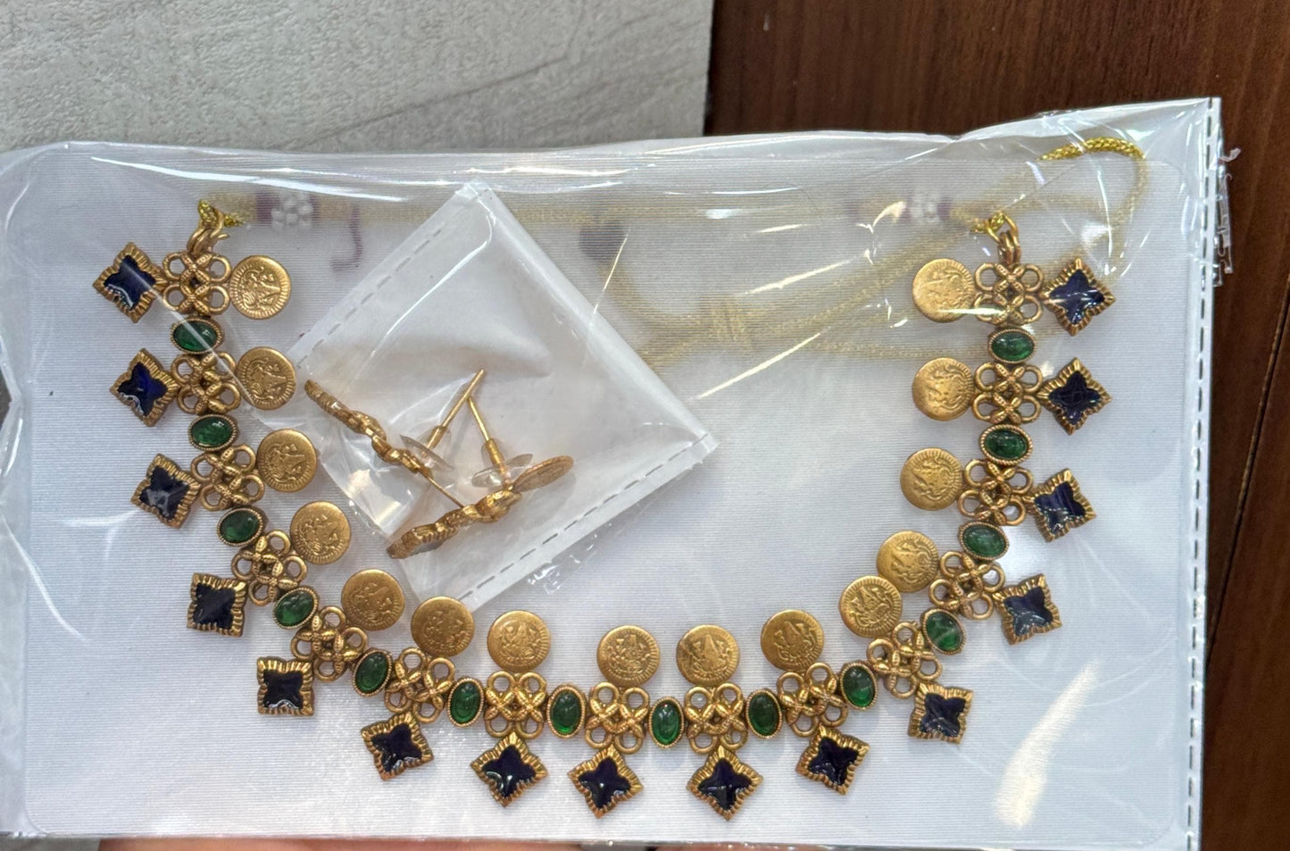 Premium green palaka and coin necklace set