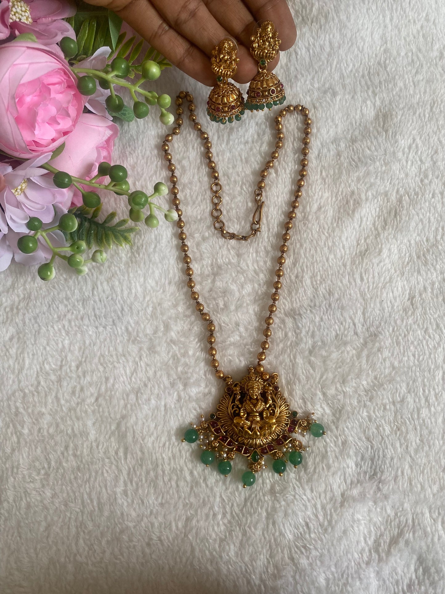 Premium Lakshmi green beads mid haram