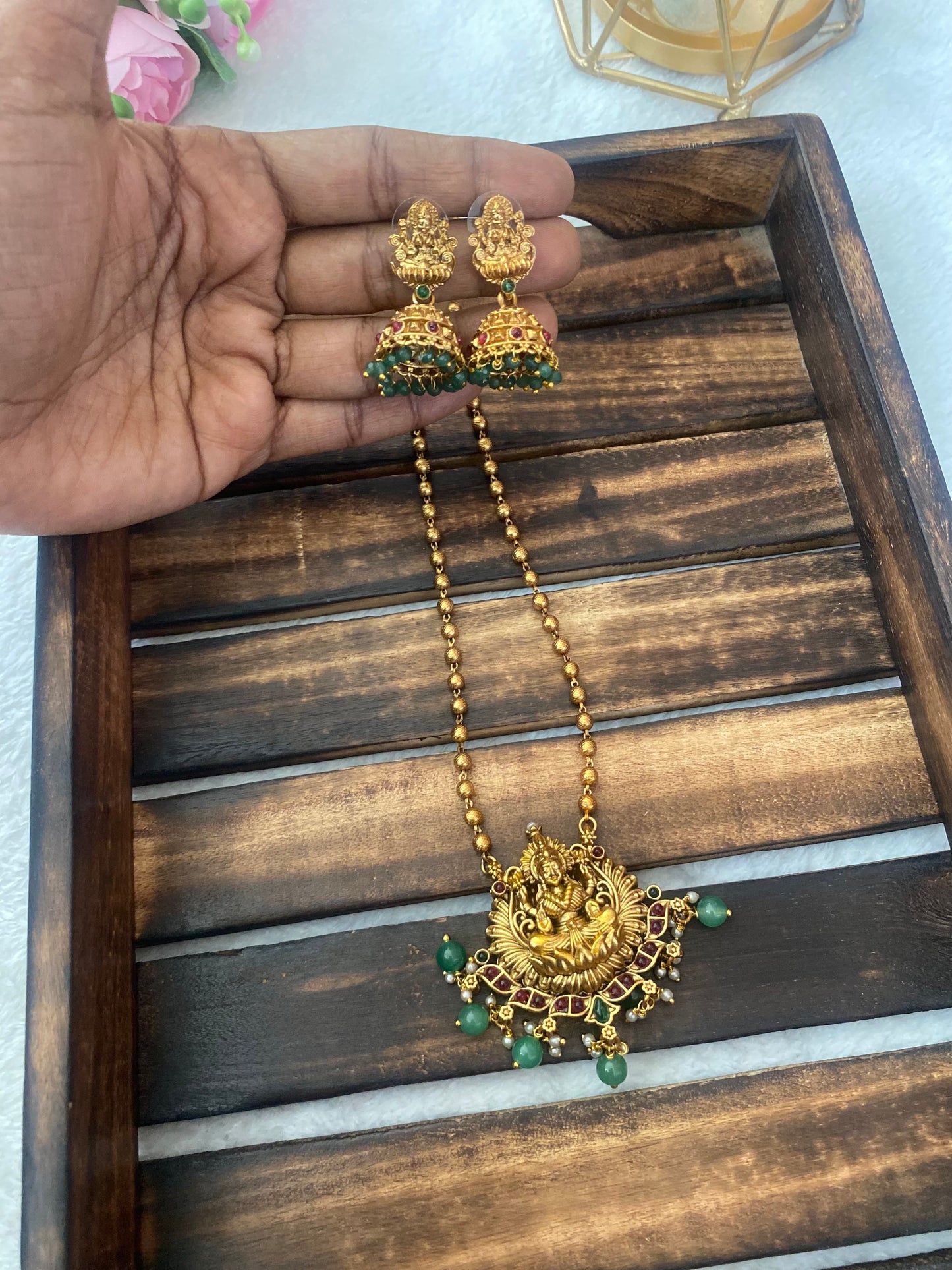 Premium Lakshmi green beads mid haram