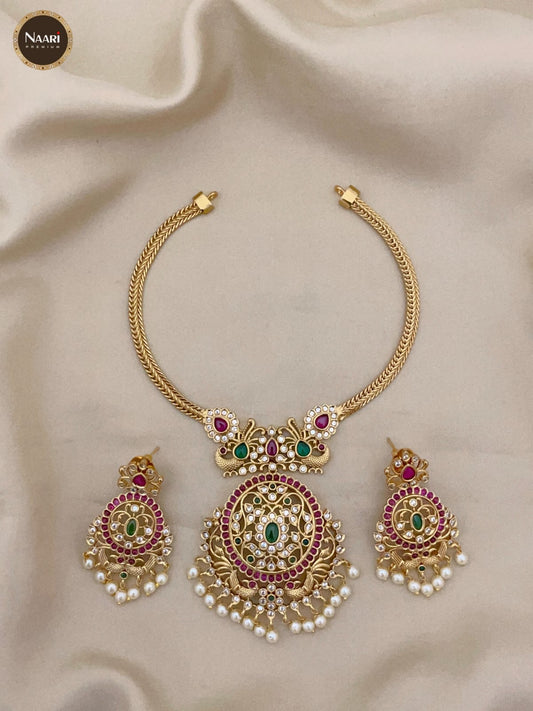 Premium ataigai| Gold-Plated Choker with Pearls, Kundan & Ruby Stones