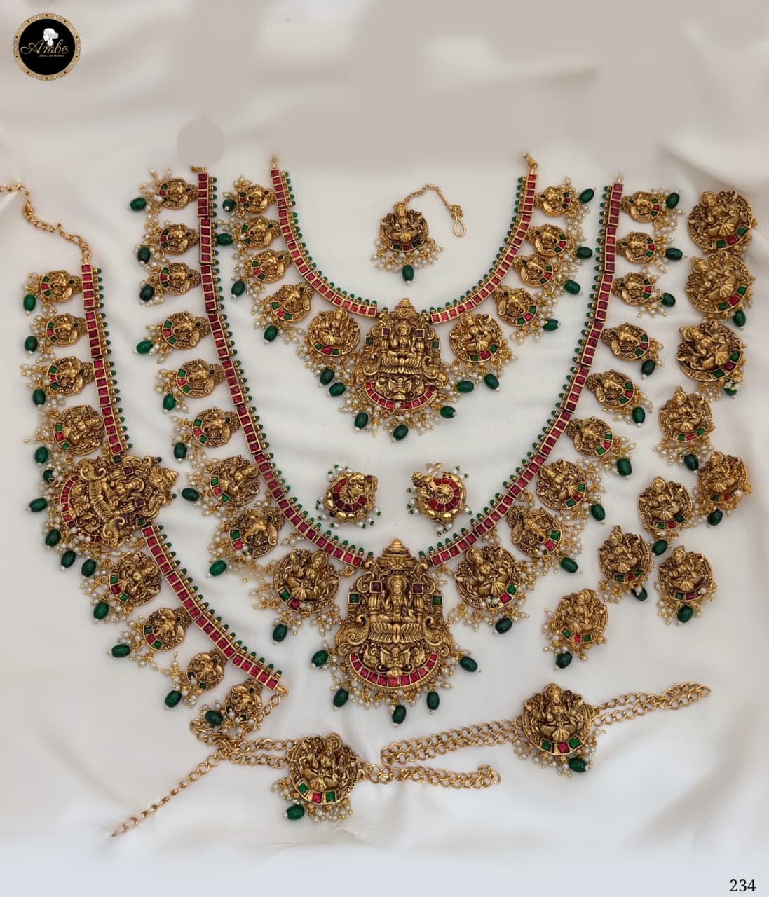 Premium Lakshmi Kemp Stone Bridal Jewelry Set | Necklace, Haram, Atigai & Ottiyanam