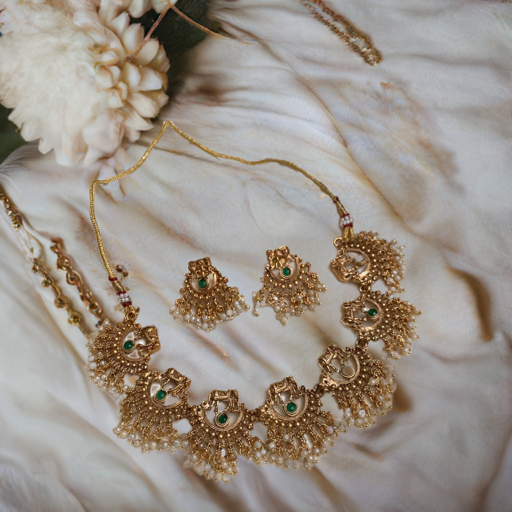 Antique elephant Gold Necklace Set with Pearl Drops