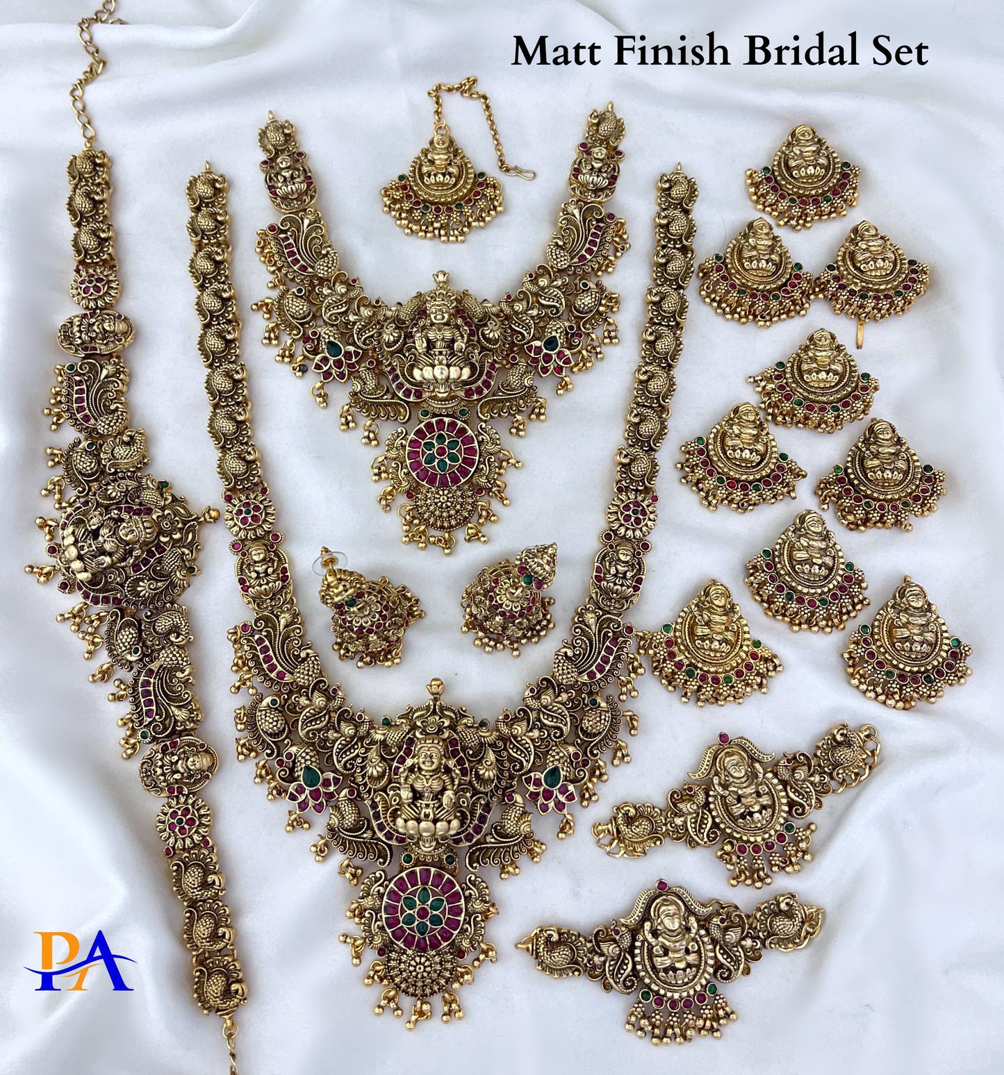 Matt Finish South Indian Bridal Jewelry Set – Temple Design | Full Wedding Set