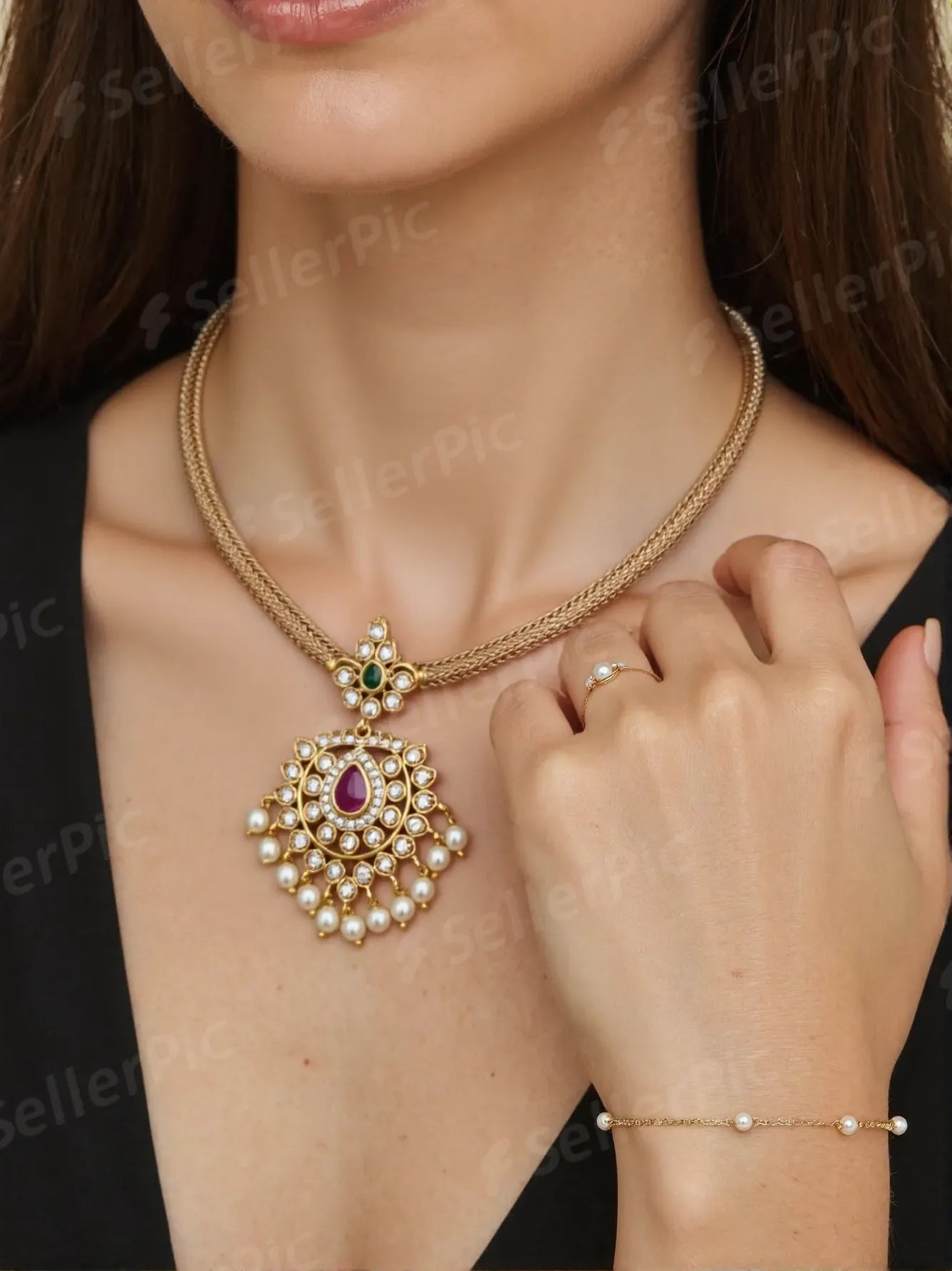Premium AD stone atigai with rice pearl droppings