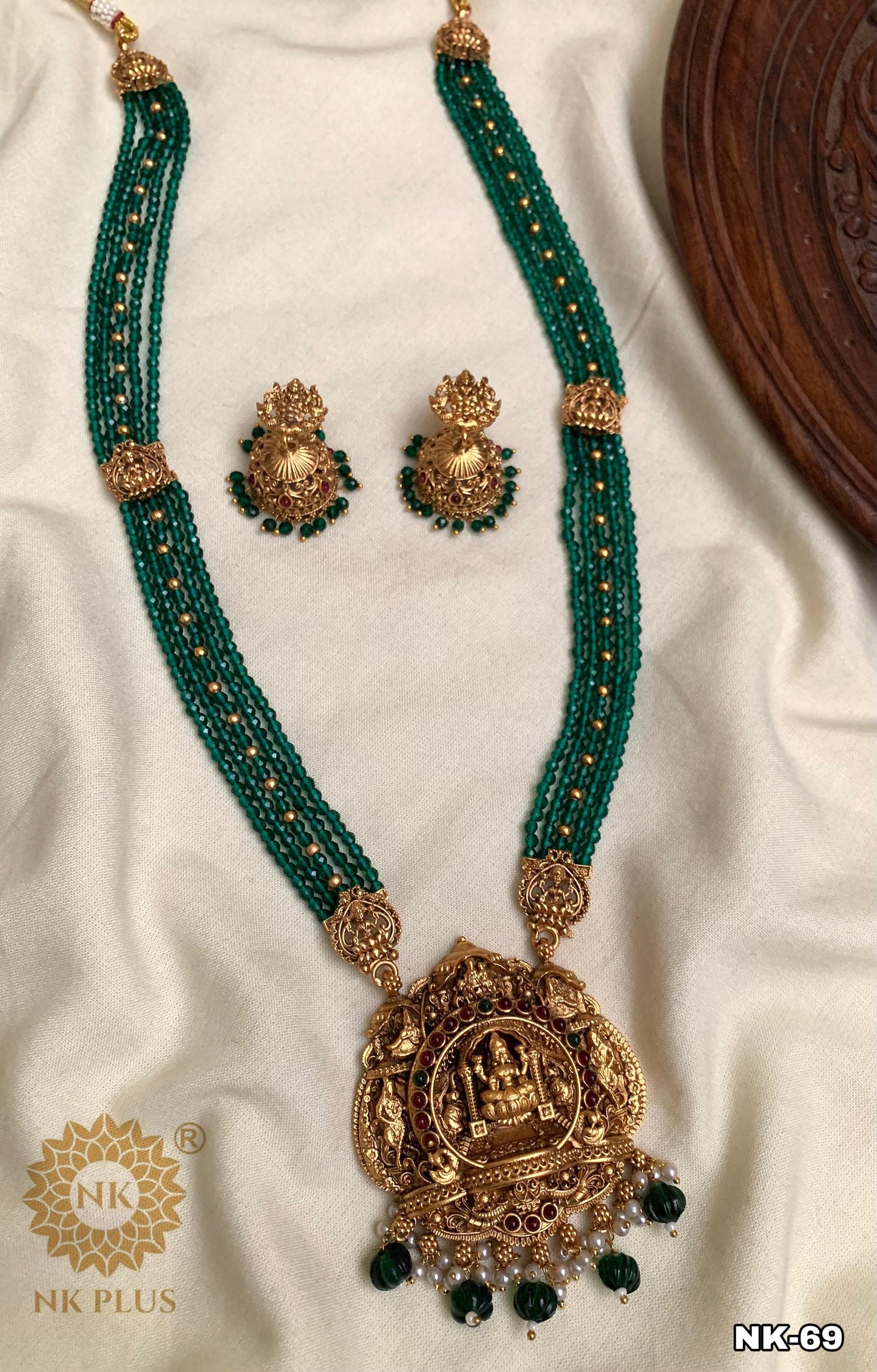 Exquisite Antique Green/pink Lakshmi Luxury Haram | Antique Finish Indian Jewelry for Elite Buyers