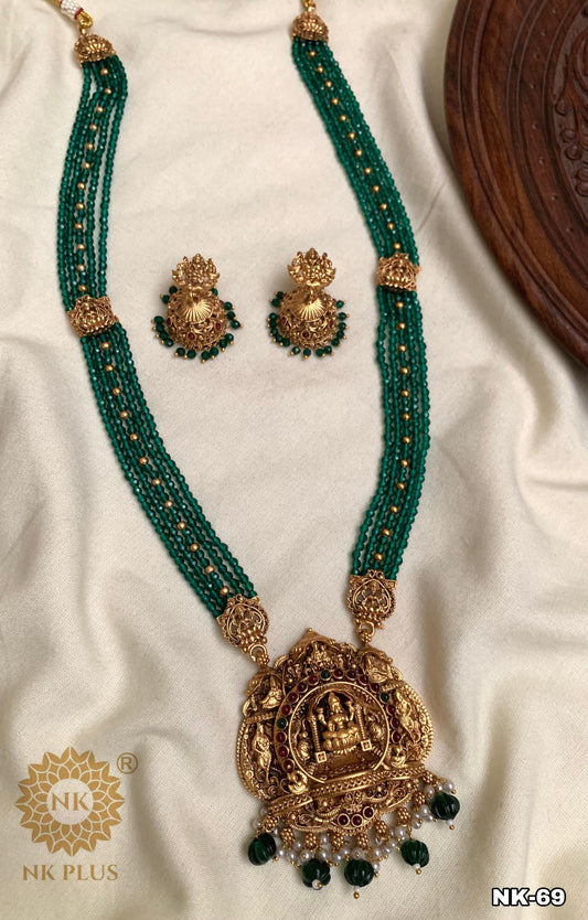 Exquisite Antique Green/pink Lakshmi Luxury Haram | Antique Finish Indian Jewelry for Elite Buyers