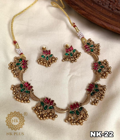 Exquisite Green & Red Lotus Jhumki Necklace