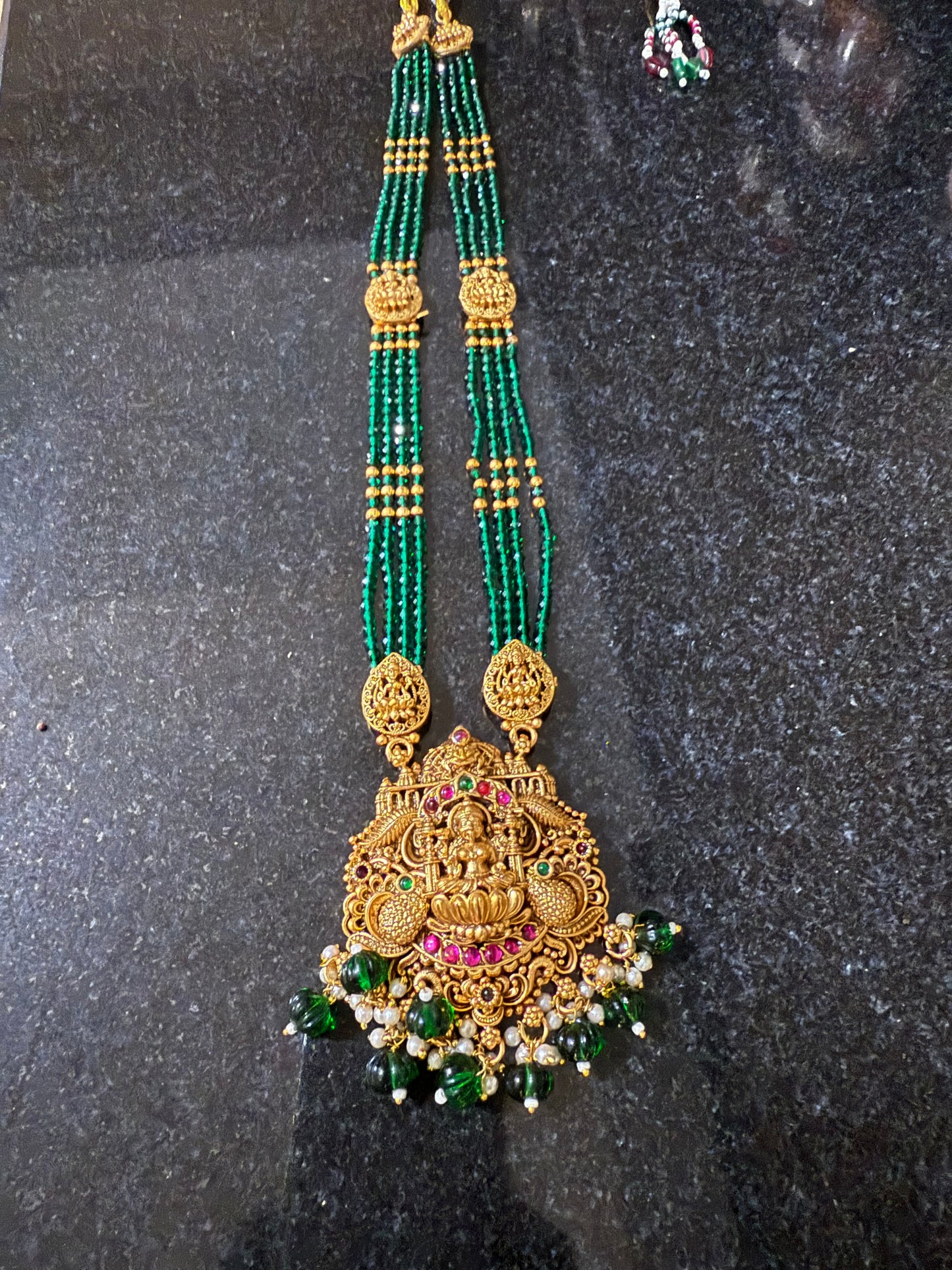 Premium antique dark green onyx Jadau Lakshmi haram