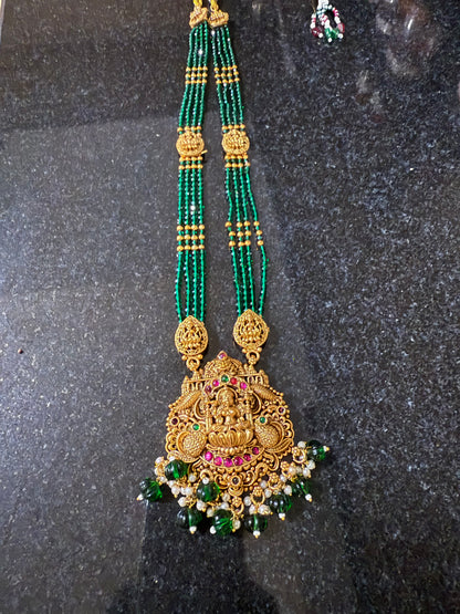 Premium antique dark green onyx Jadau Lakshmi haram