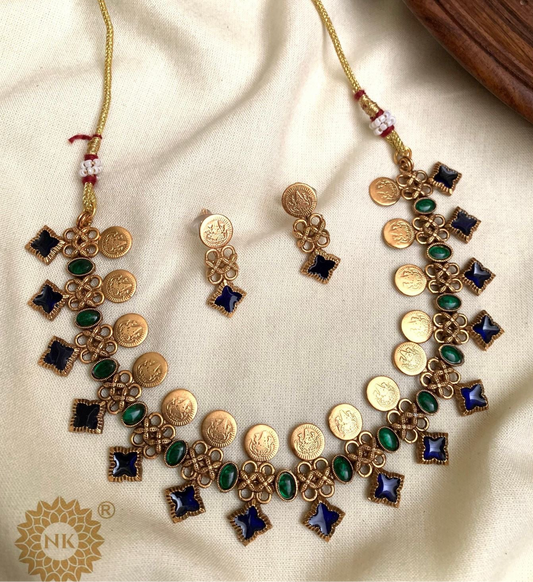 Premium green palaka and coin necklace set