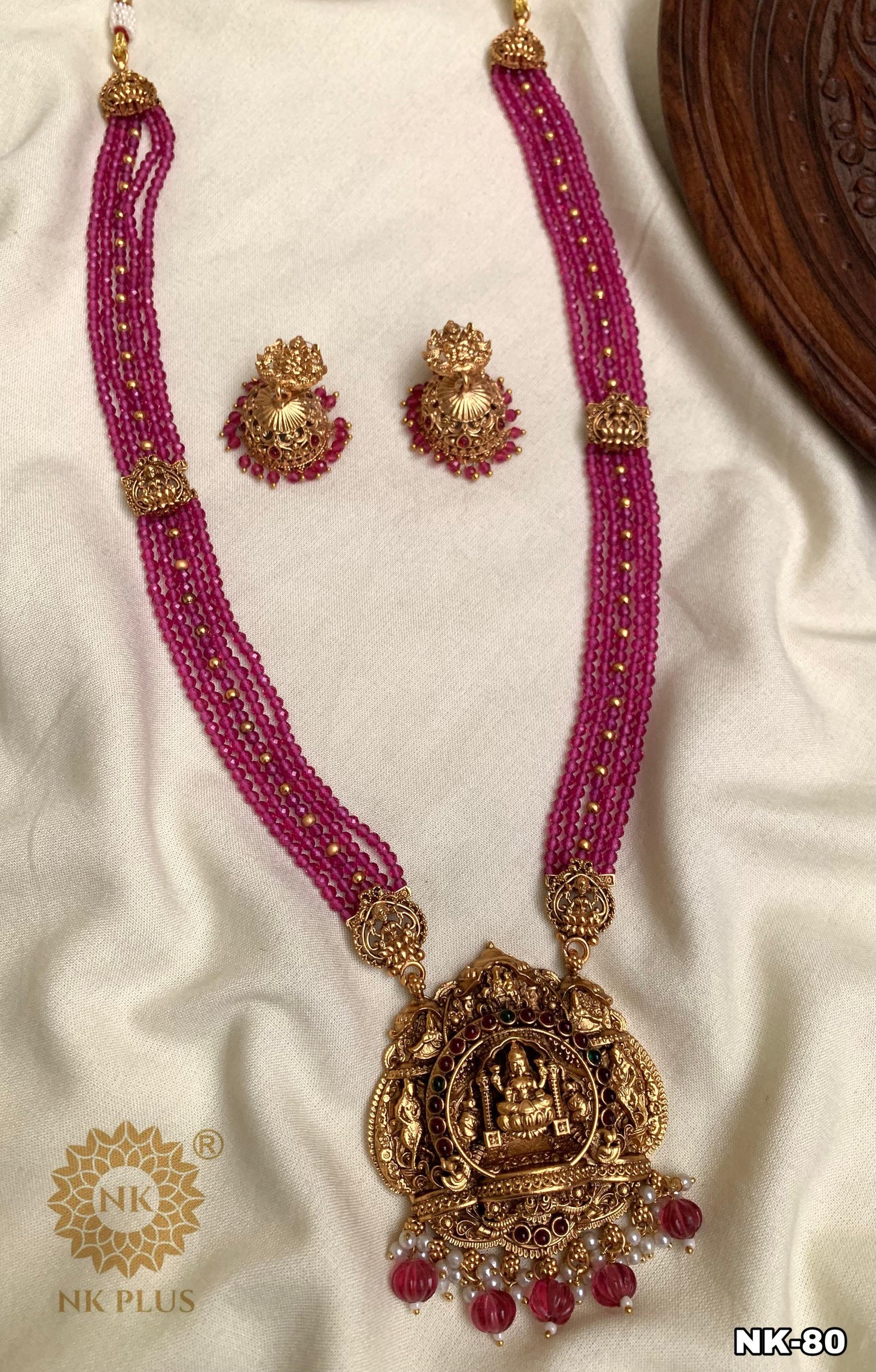 Exquisite Antique Green/pink Lakshmi Luxury Haram | Antique Finish Indian Jewelry for Elite Buyers