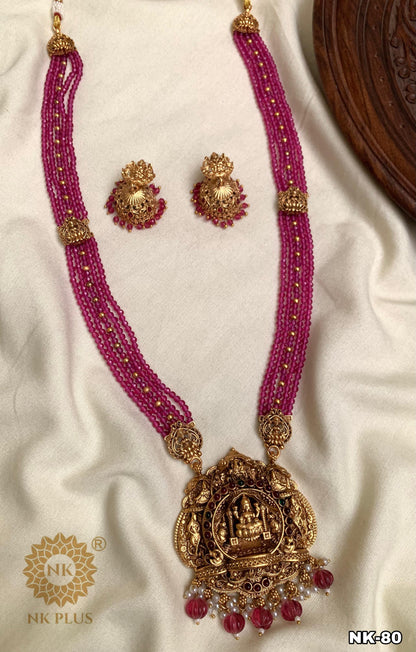 Exquisite Antique Green/pink Lakshmi Luxury Haram | Antique Finish Indian Jewelry for Elite Buyers