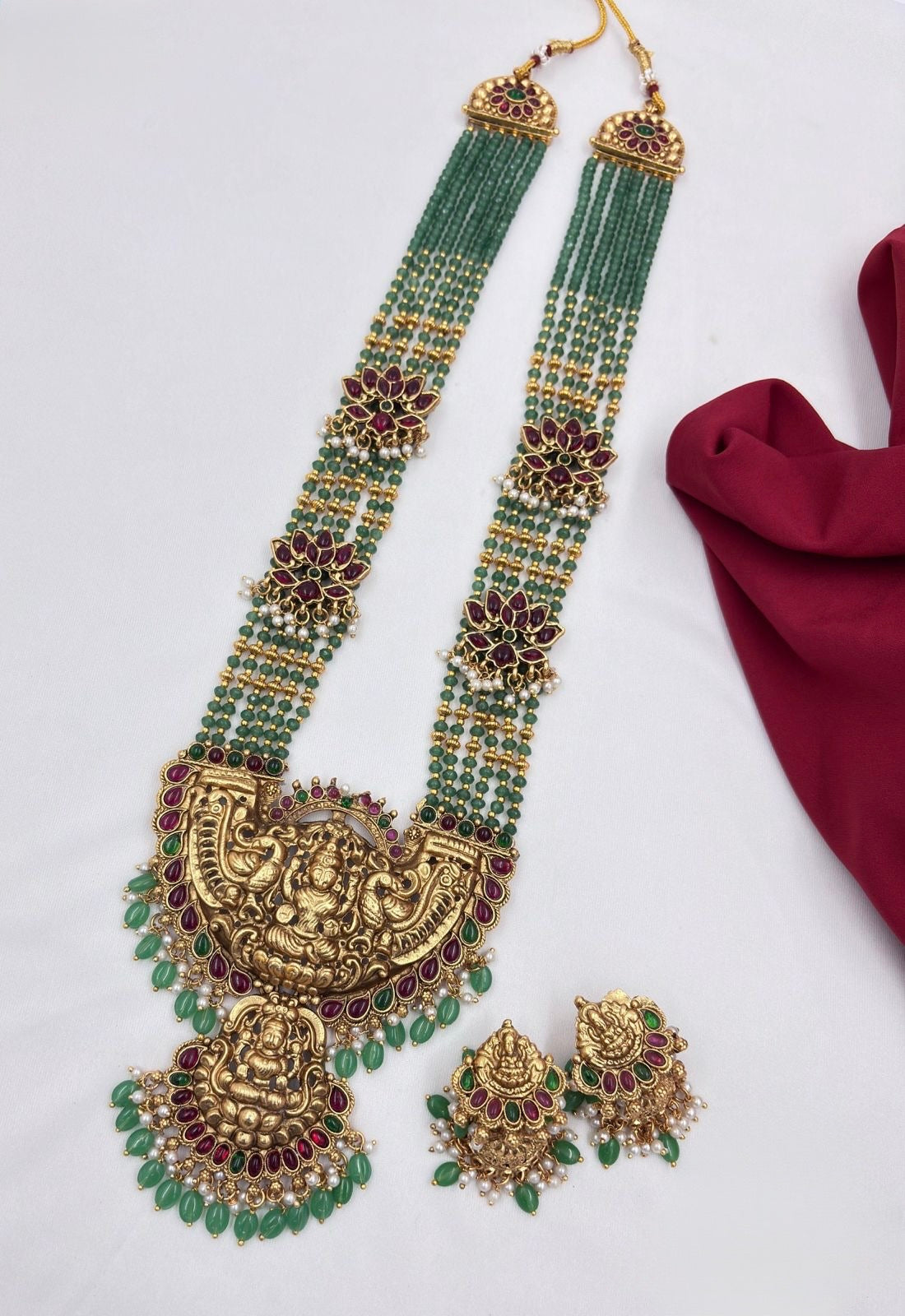 Premium lotus Lakshmi onyx green beads haram