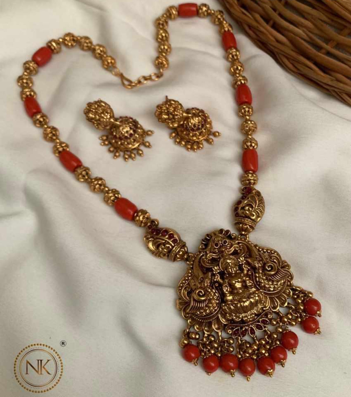 Premium coral Lakshmi Nagas mid length haram