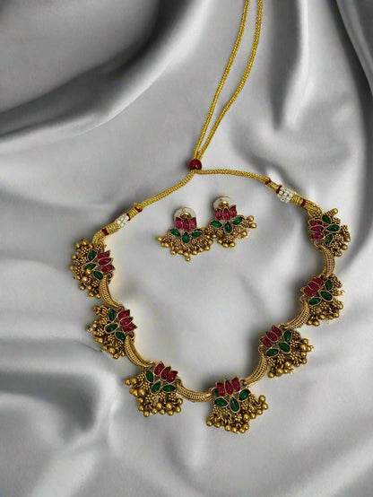 Exquisite Green & Red Lotus Jhumki Necklace