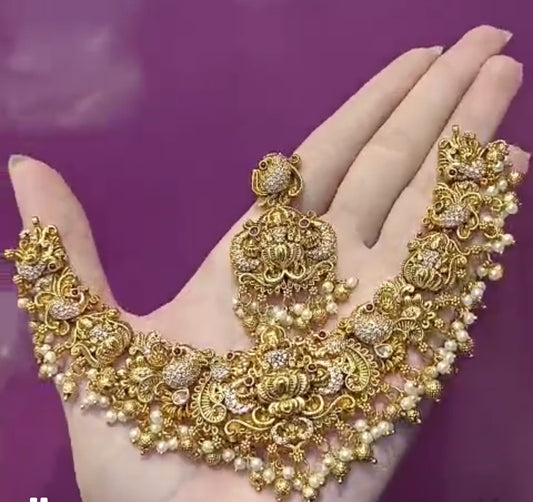 Premium Lakshmi 3D Printing rice pearl necklace set