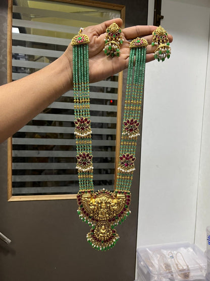 Premium lotus Lakshmi onyx green beads haram