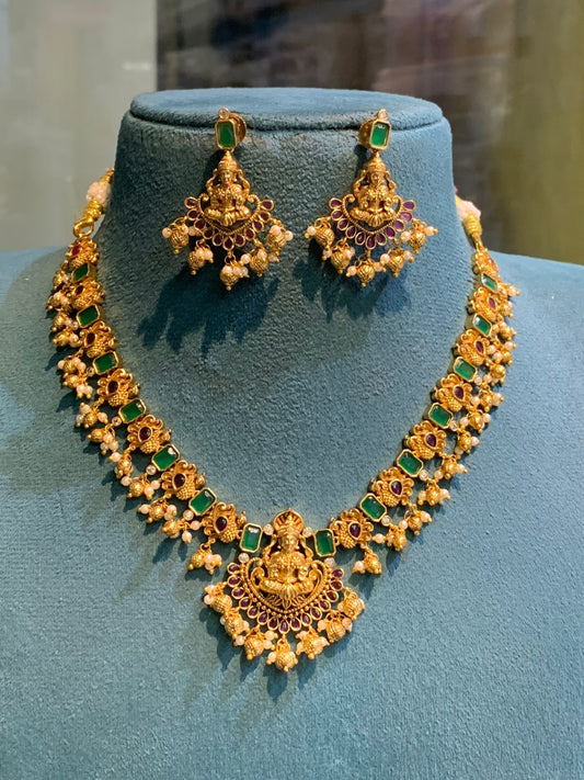 Premium Lakshmi green pearl necklace set