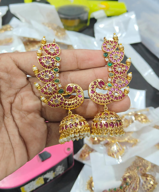 Premium kemp stone peacock jhumkas - hot selling