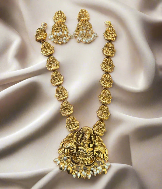 Premium Antique Lakshmi Temple Necklace with Pearl Jhumkas