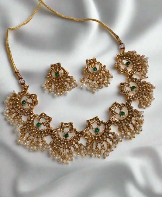 Antique elephant Gold Necklace Set with Pearl Drops