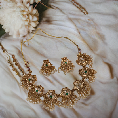Antique elephant Gold Necklace Set with Pearl Drops