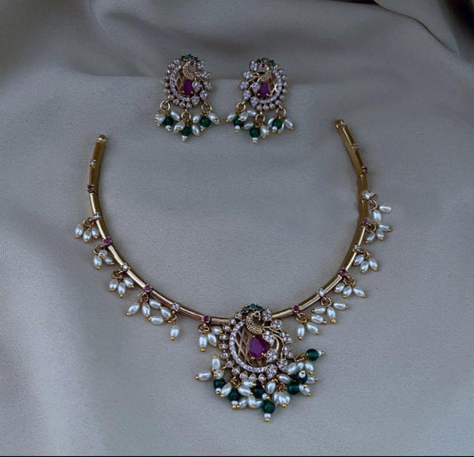 Gold finish Peacock hasili necklace