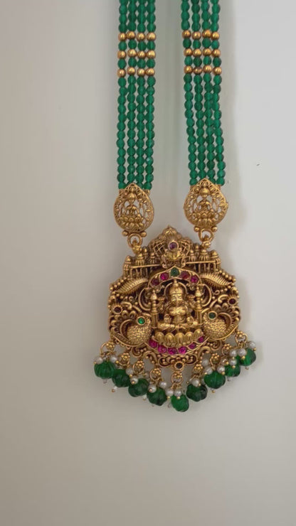 Premium antique dark green onyx Jadau Lakshmi haram