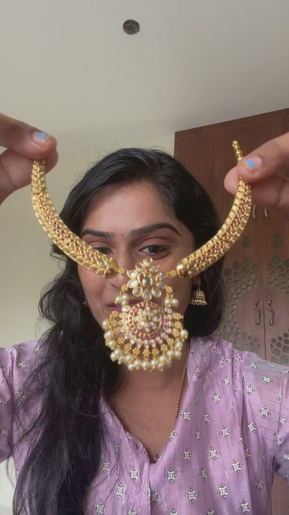 Antique Kemp Temple Necklace Set – South Indian Bridal Jewelry with Pearls
